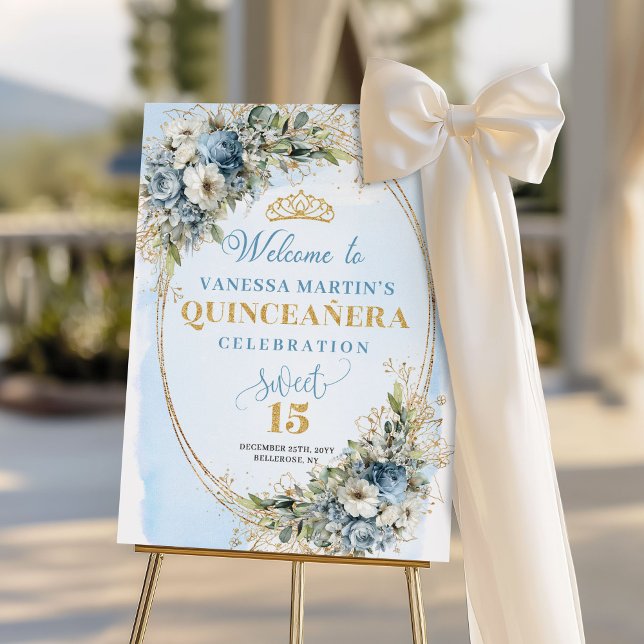 Exclusive Quinceañera Welcome Sign Blue Gold Green (Exclusive Quinceañera Welcome Sign Blue Gold Greenery)
