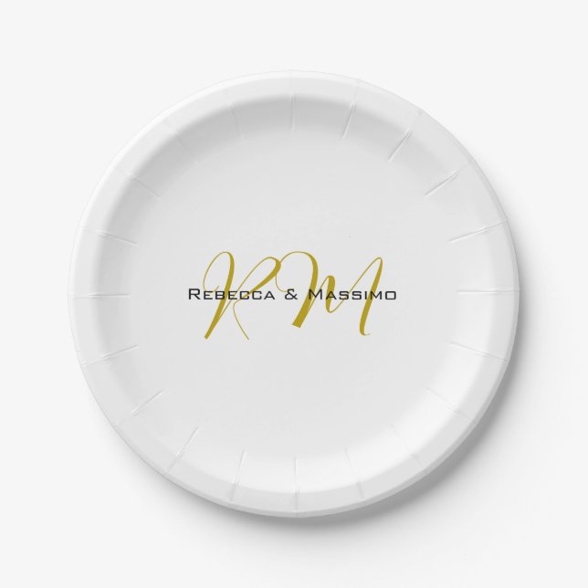 Exclusive Unique Gold Color Monogram Modern Name Paper Plates (Front)