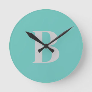 Exclusive Unique Light Teal Gray Monogram Initial Round Clock