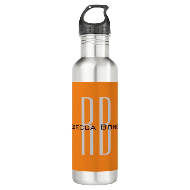 Exclusive Unique Orange Initials Monogram Modern Stainless Steel Water Bottle (Front)