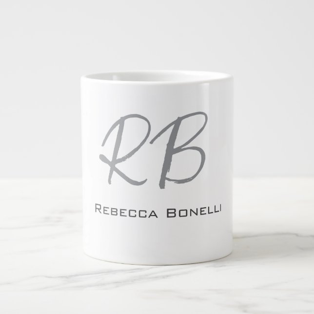 Exclusive Unique White Gray Monogram Modern Giant Coffee Mug (Front)
