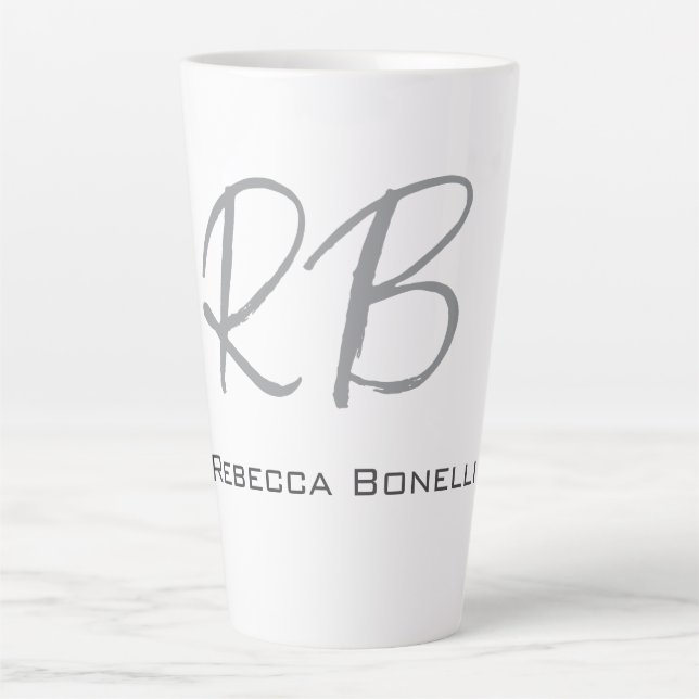 Exclusive Unique White Gray Monogram Modern Latte Mug (Front)
