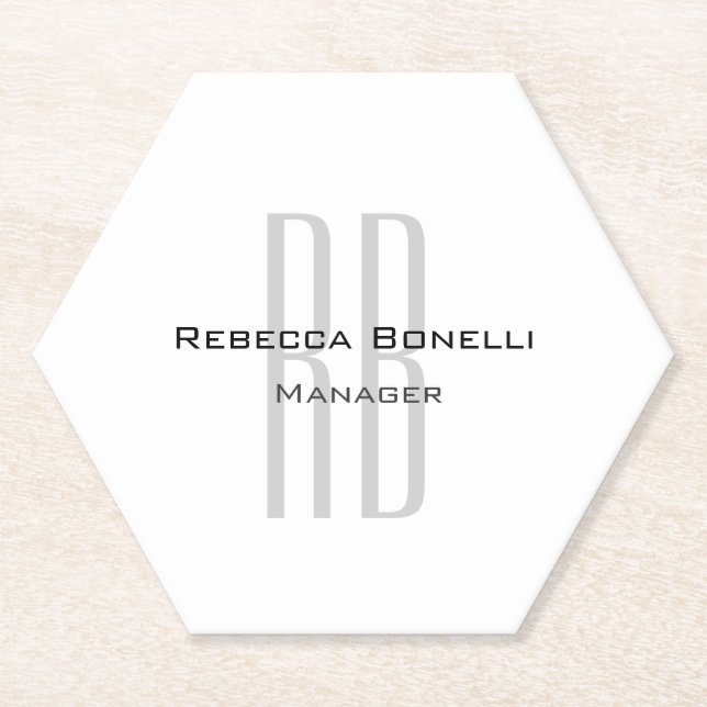 Exclusive Unique White Gray Monogram Modern Paper Coaster (Front)