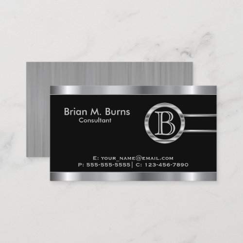 Executive Black and Silver Faux Metallic _Monogram Business Card