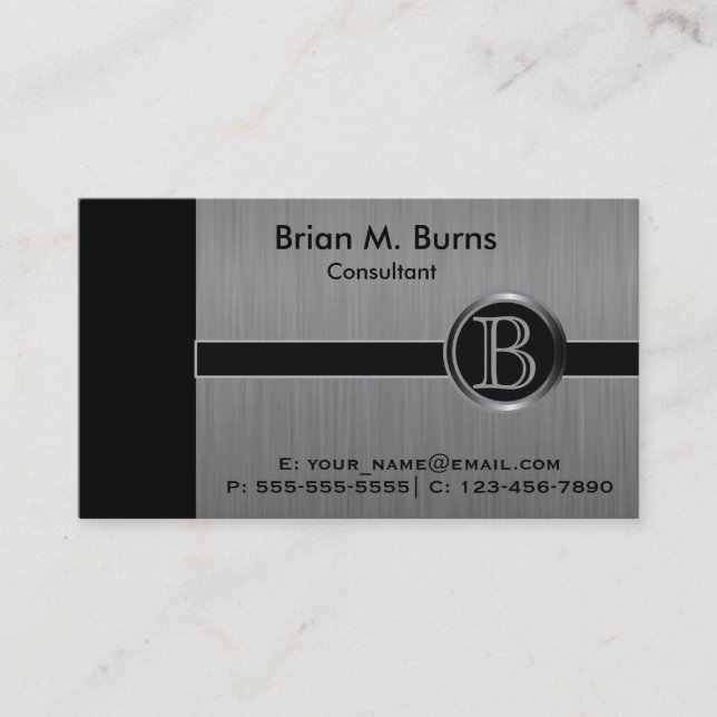 Executive Black Brush Steel Monogram Business Card (Front)