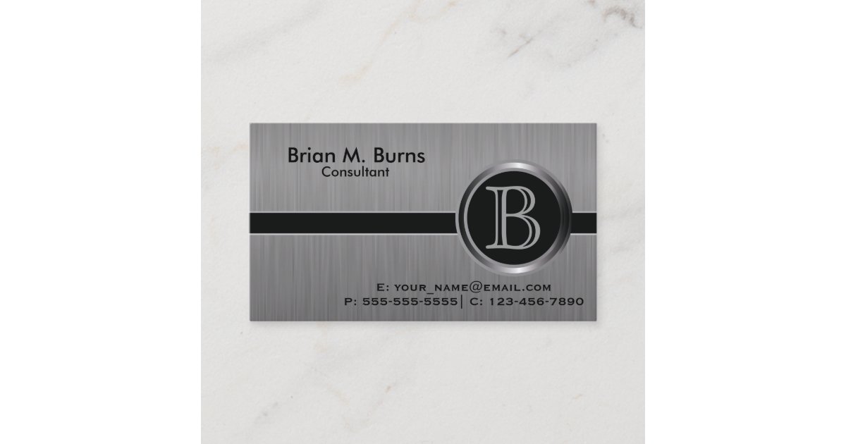 Executive Black Brush Steel Monogram Business Card | Zazzle