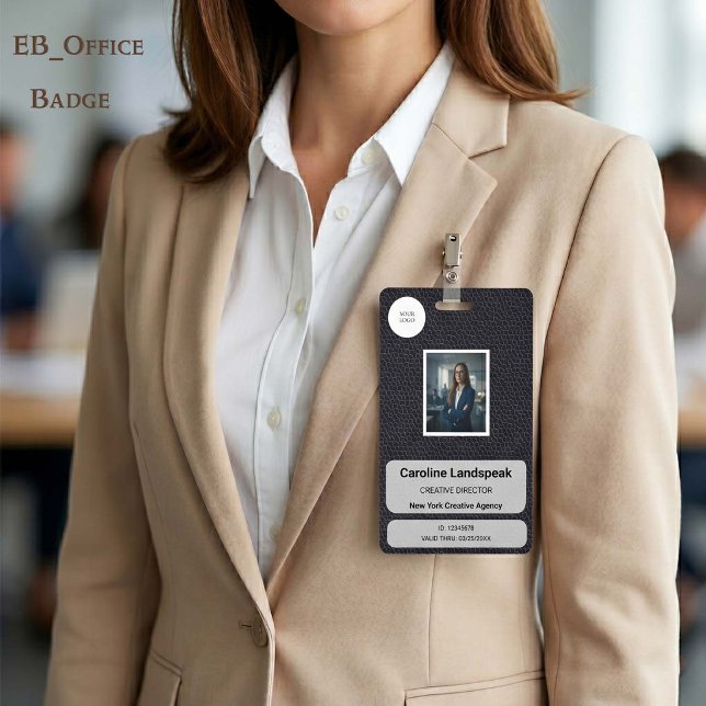 Executive Black Leather Custom Logo Photo ID  Badge (Chic Black Leather Custom Logo Photo ID Vertical Badge
Size: 2.13” x 3.38”
)