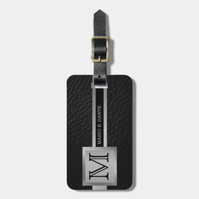 Executive Black Leather & Silver Metal monogrammed Luggage Tag (Front Vertical)