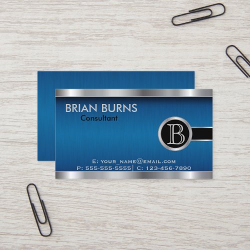 Executive Blue Brush and  Steel Monogram Business Card