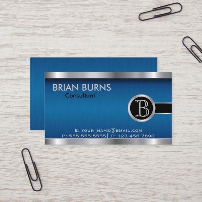Executive Blue Brush and  Steel Monogram Business Card (Front/Back In Situ)