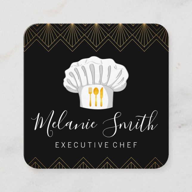 Executive Chef Art Deco Trim Square Business Card (Front)
