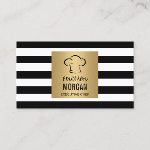 Executive Chef Hat Gold Square Black White Stripes Business Card