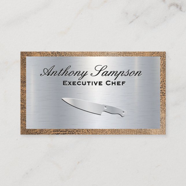 Executive Chef | Silver Metallic | Leather Border Business Card (Front)