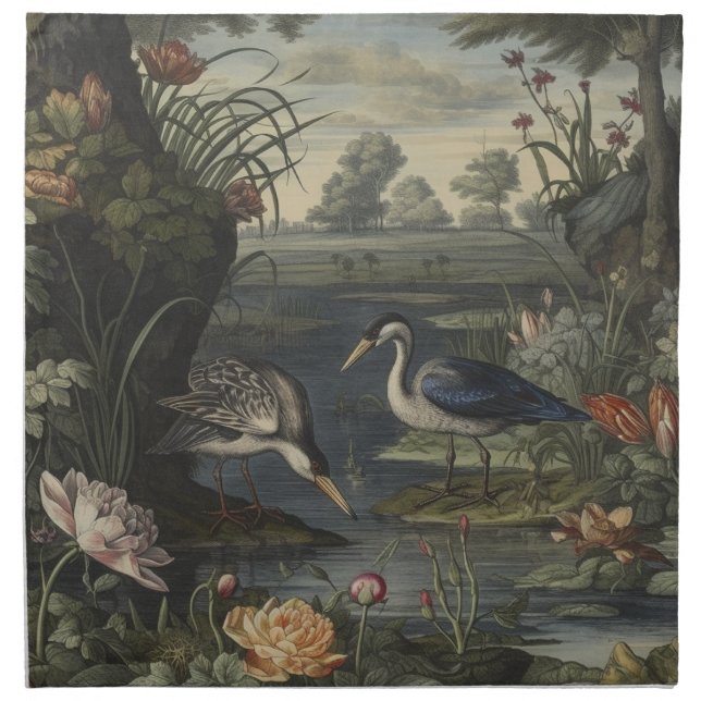 Executive Chinoiserie Blue Crane Antique Botanical Cloth Napkin (Front)