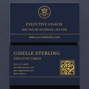 Executive Coach Blue Gold Logo QR Code Business Card