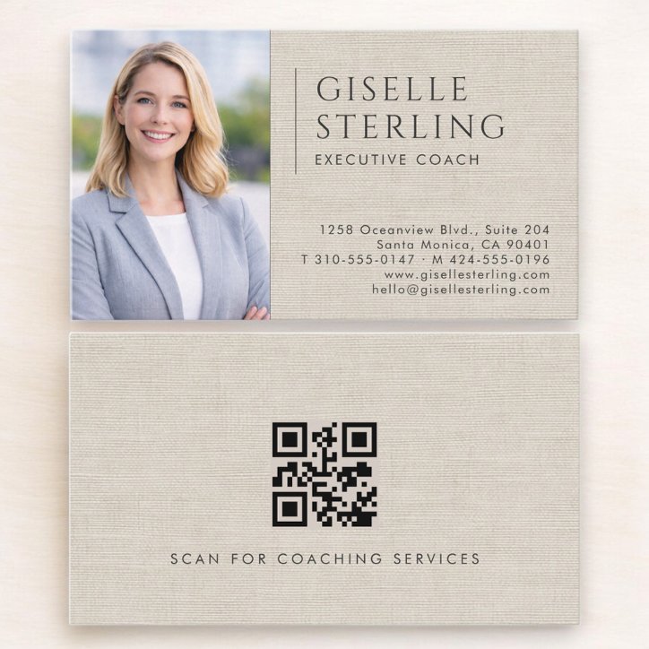 Executive Coach Linen Photo QR Code Business Card