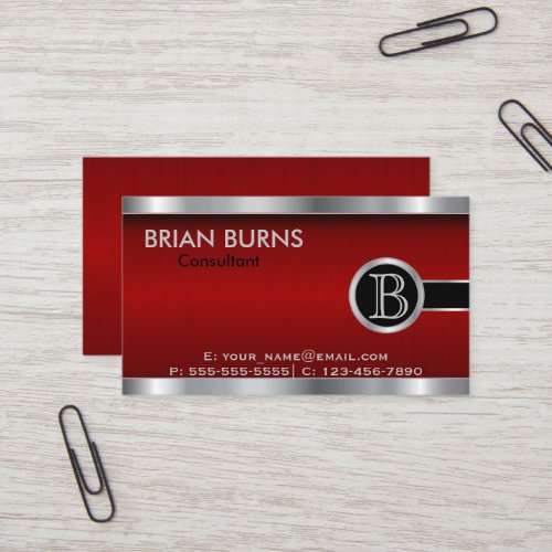 Executive Dark Red and Steel Monogram Business Card