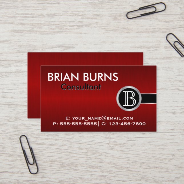 Executive Dark Red Brush and  Sliver Monogram Business Card (Front/Back In Situ)