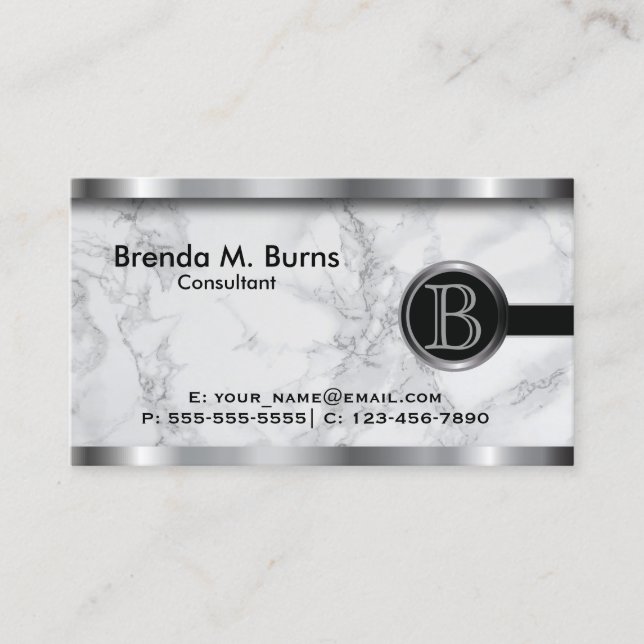 Executive Gray Marble Monogram Business Card (Front)