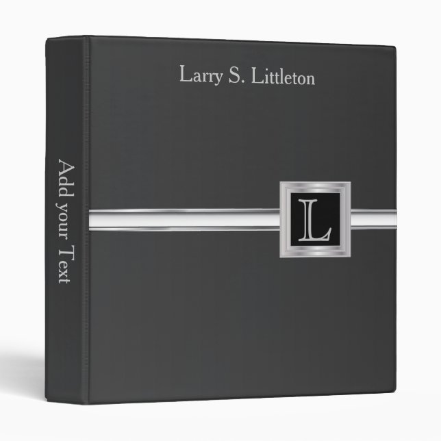 Executive Monogram 1" Design - Black And Silver 3 Ring Binder (Front/Spine)