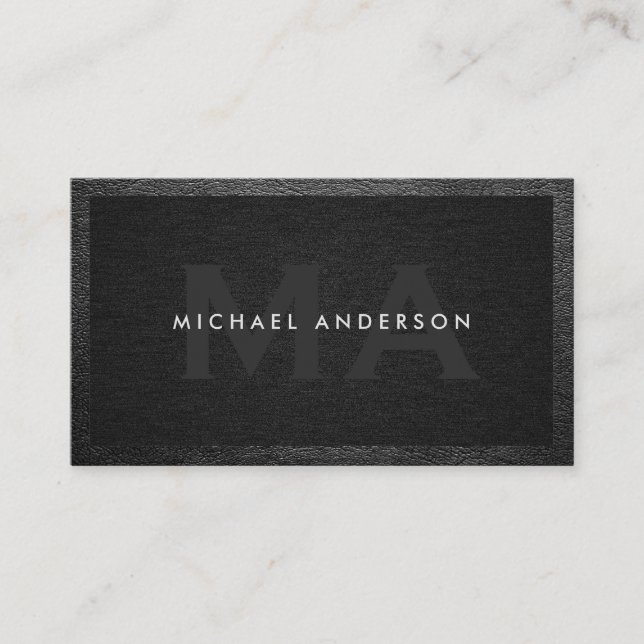 Executive Monogram | Black Linen | Leather Trim Business Card (Front)