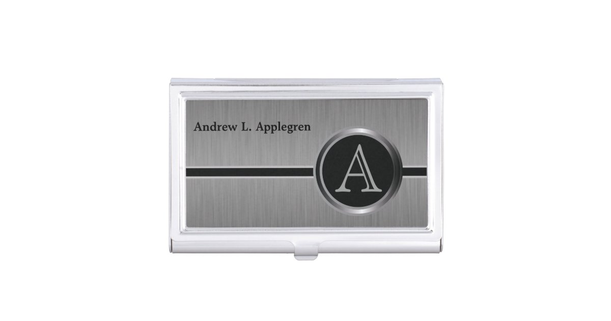 Executive Monogram Design - Black Brush Steel Business Card Case | Zazzle