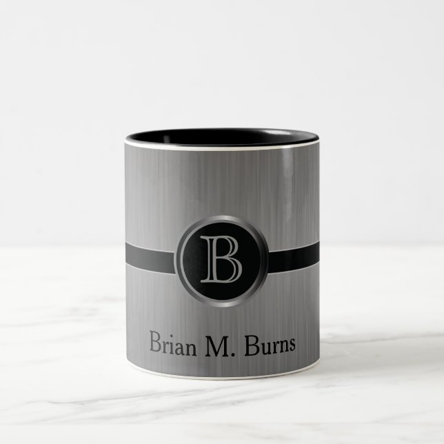 Executive Monogram Design - Black Brush Steel Two-Tone Coffee Mug (Center)