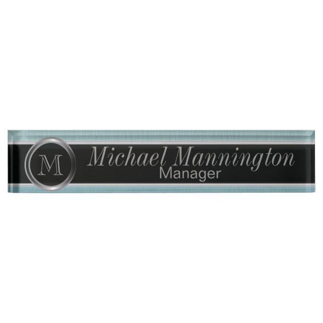 Executive Monogram Design | Turquoise Brush Steel Desk Name Plate (Front)