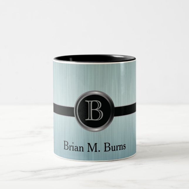 Executive Monogram Design - Turquoise Brush Steel Two-Tone Coffee Mug (Center)