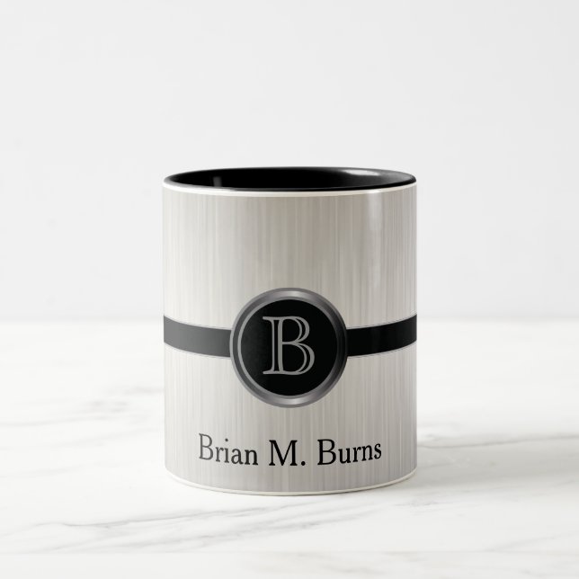 Executive Monogram Design | White Brush Steel Two-Tone Coffee Mug (Center)