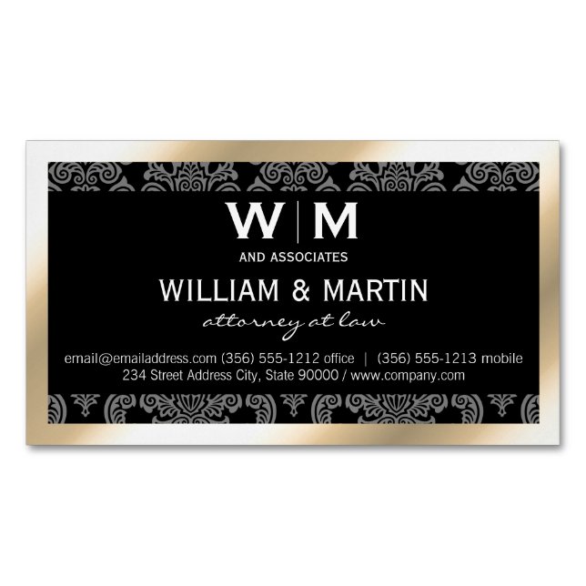 Executive Monogram Gold Border Damask Business Card Magnet (Front)