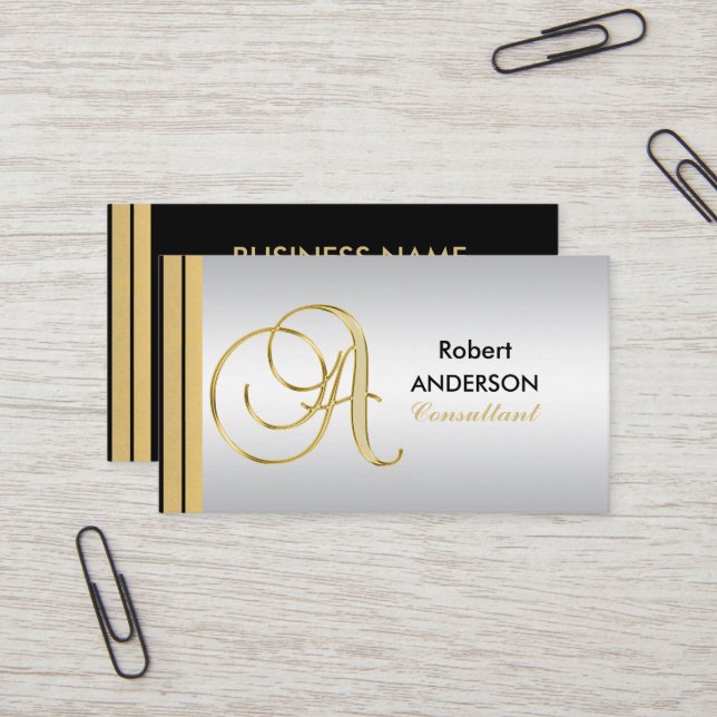 Executive Monogrammed Gold Black Silver Letter 'A' Business Card (Front/Back In Situ)