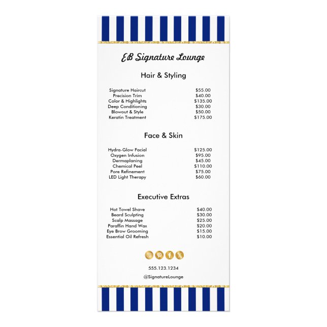 Executive Navy Blue Stripe Gold Service Price List Rack Card (Front)