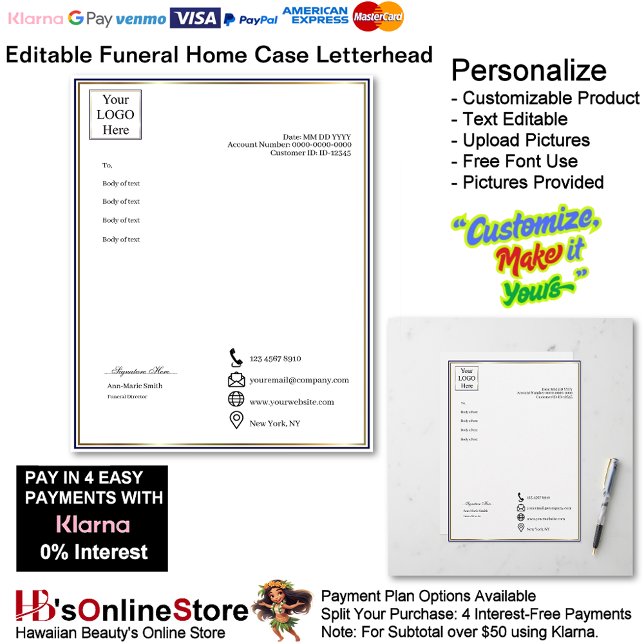 Executive Navy Gold Funeral Home Case  Letterhead (Executive Navy Gold Funeral Home Case Letterhead.)