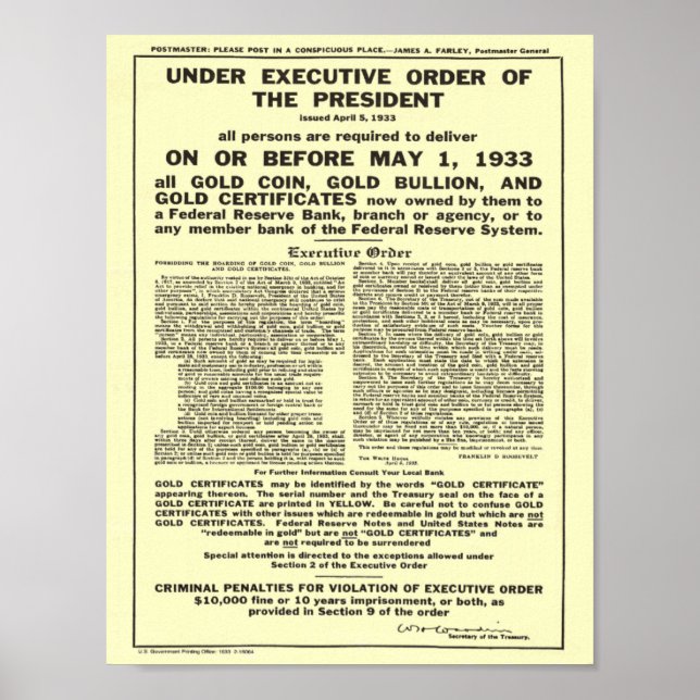 Executive Order 6102 Forbidding Gold Coin Bullion Poster (Front)