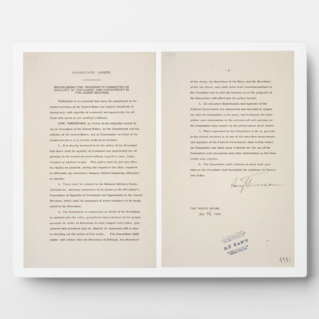 Executive Order 9981 Desegregation of Armed Forces Plaque (Front)