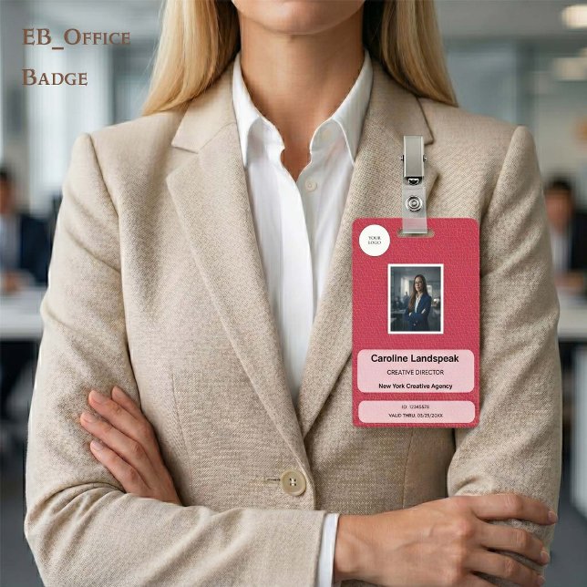 Executive Raspberry Crimson Leather Custom ID Badge (Chic Raspberry Crimson Leather Custom Logo Photo ID Vertical Badge. Size: 2.13” x 3.38”)