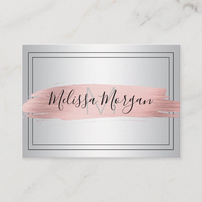 Executive Rose Gold Foil Silver Monogram Business Card (Front)