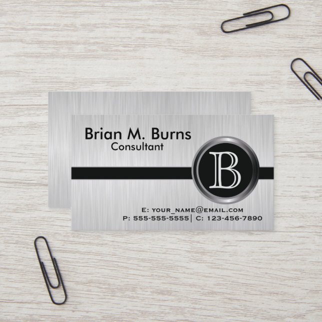 Executive White Brush Steel Monogram Business Card (Front/Back In Situ)