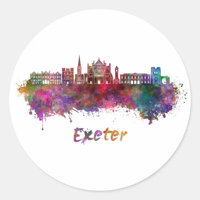 Exeter skyline in watercolor classic round sticker | Zazzle