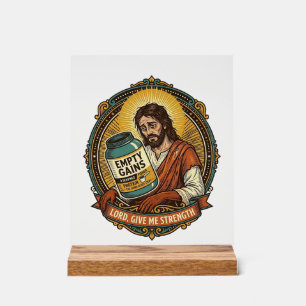 Exhausted Jesus Empty Protein Powder Tub Gym Humor Acrylic Sign
