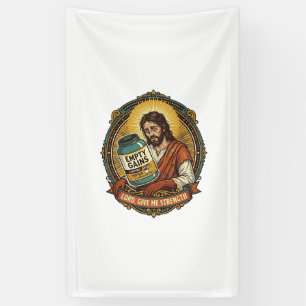 Exhausted Jesus Empty Protein Powder Tub Gym Humor Banner
