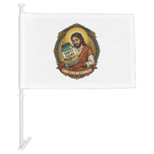 Exhausted Jesus Empty Protein Powder Tub Gym Humor Car Flag