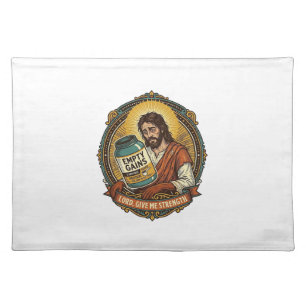 Exhausted Jesus Empty Protein Powder Tub Gym Humor Cloth Placemat