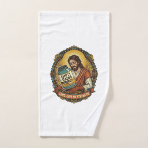 Exhausted Jesus Empty Protein Powder Tub Gym Humor Hand Towel