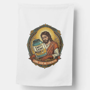 Exhausted Jesus Empty Protein Powder Tub Gym Humor House Flag