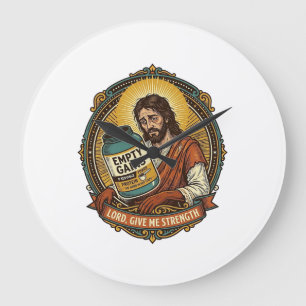 Exhausted Jesus Empty Protein Powder Tub Gym Humor Large Clock