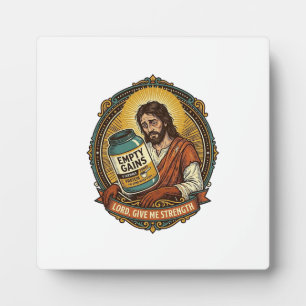 Exhausted Jesus Empty Protein Powder Tub Gym Humor Plaque