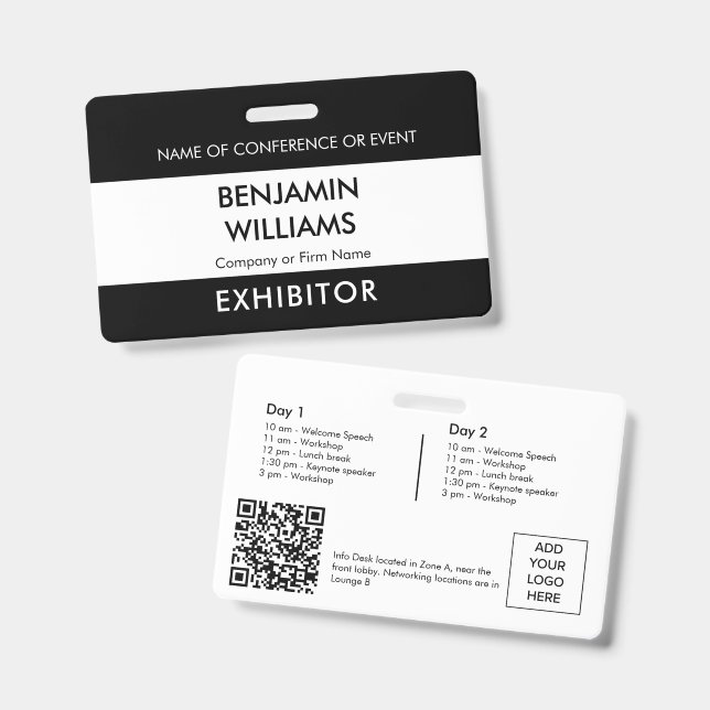Exhibitor Name Badge QR Black White Logo ID Event (Front & Back)