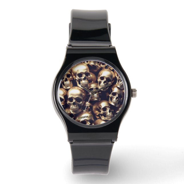 EXISTENTIAL LITE Gold Skulls Unisex Silicone Strap Watch (Front)